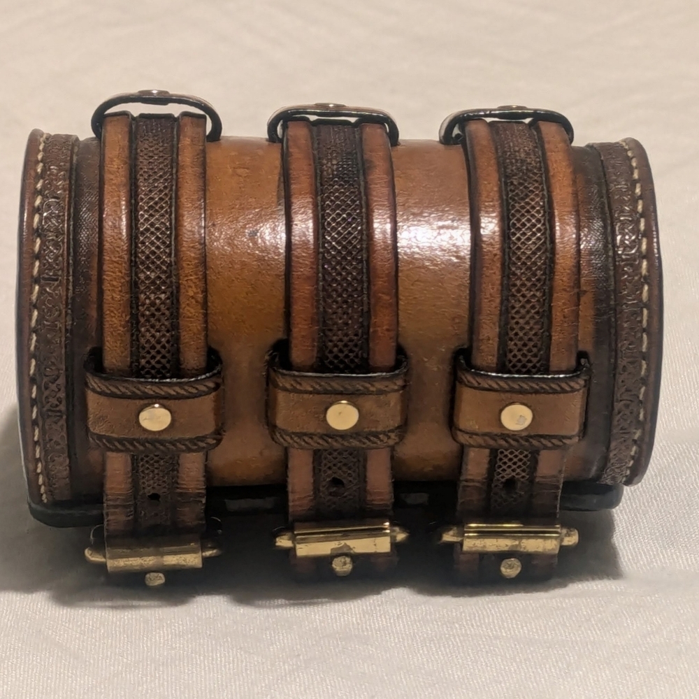 Hand tooled Wide Leather Cuff Bracelet with Triple Straps - Picture 2 of 12